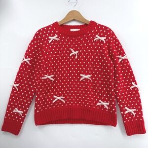 SHE+SKY Red White Valentines Heart‎ Bow Handmade Knit Style Sweater Womens Small